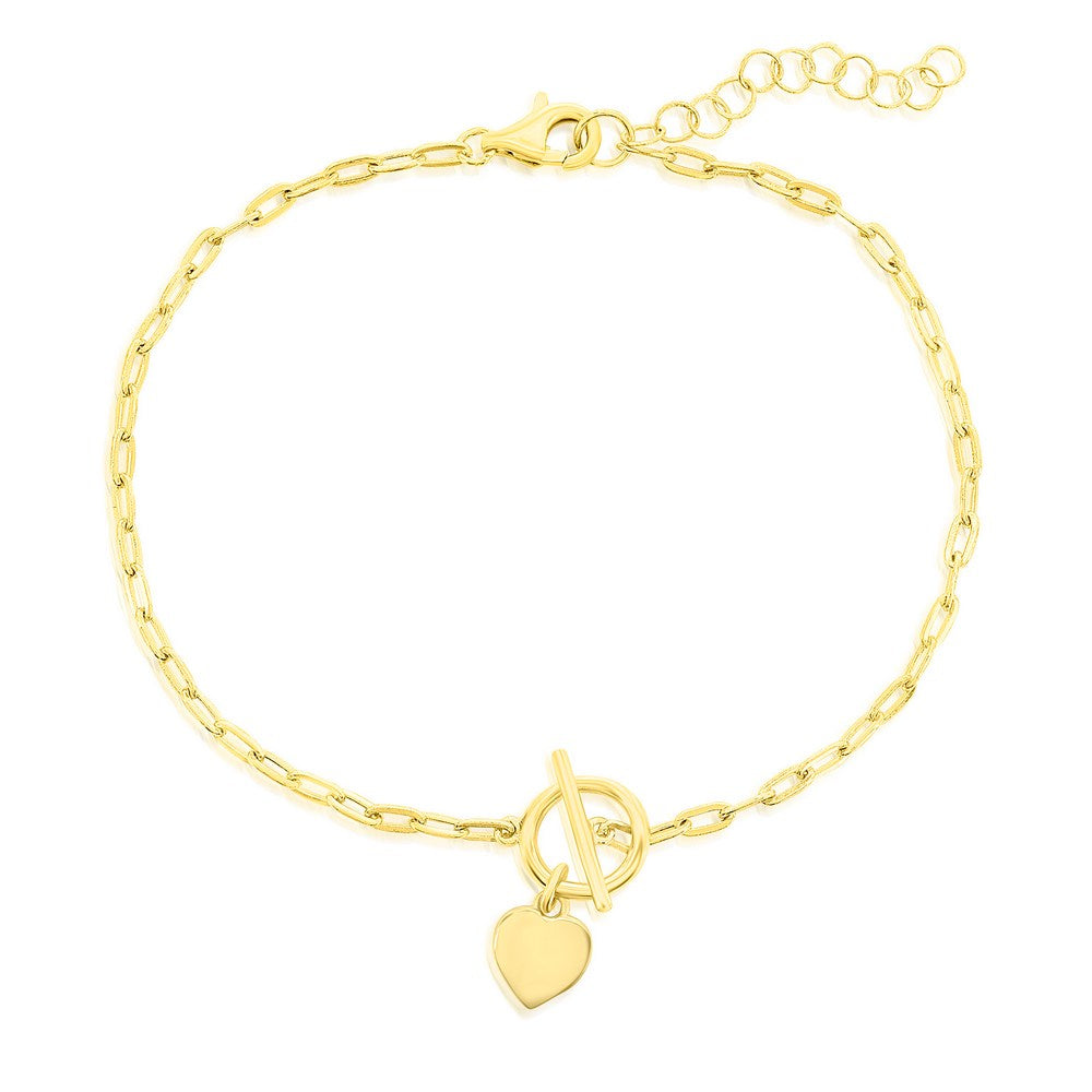 Sterling Silver, Heart Charm Paperclip Toggle Bracelet - Gold Plated