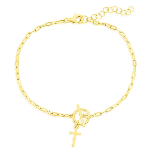 Sterling Silver, Cross Charm Paperclip Toggle Bracelet - Gold Plated