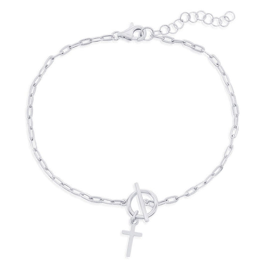 Sterling Silver, Cross Charm Paperclip Toggle Bracelet