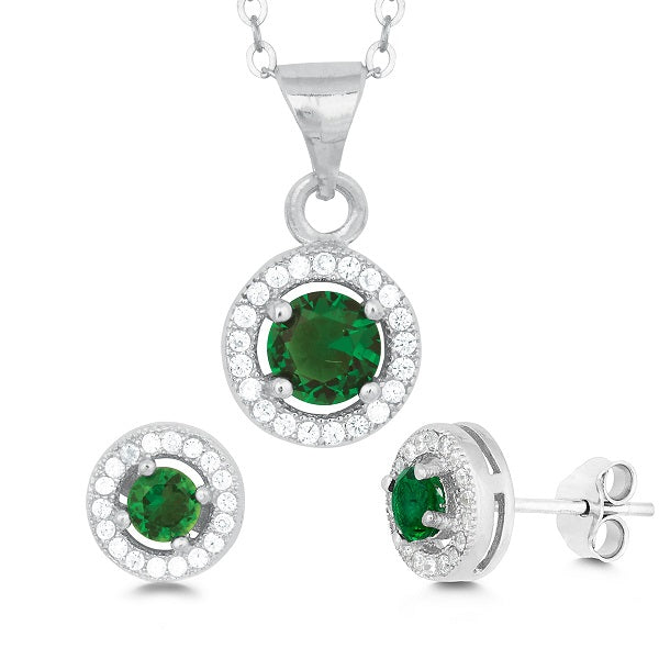 Sterling Silver Round Pendant and Earrings Set w/Chain - Green CZ