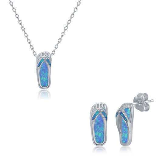 Sterling Silver, Blue Inlay Opal Necklace and Earrings Set - Flip Flop