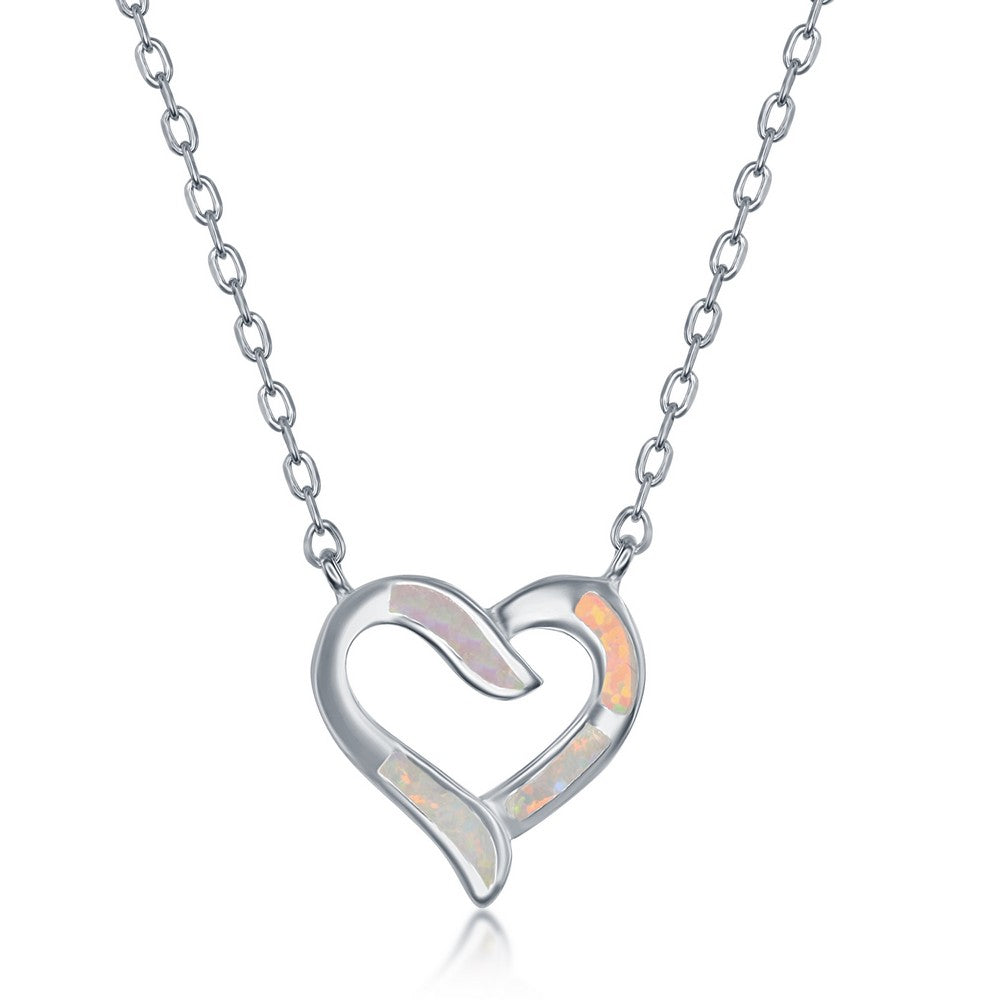 Sterling Silver White Inlay Opal Necklace and Earrings Set - Heart
