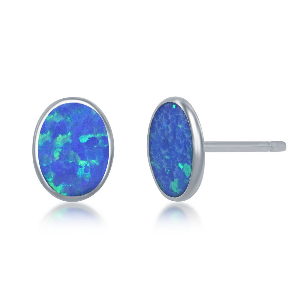 Sterling Silver Blue Inlay Opal Necklace and Earrings Set - Oval Disc