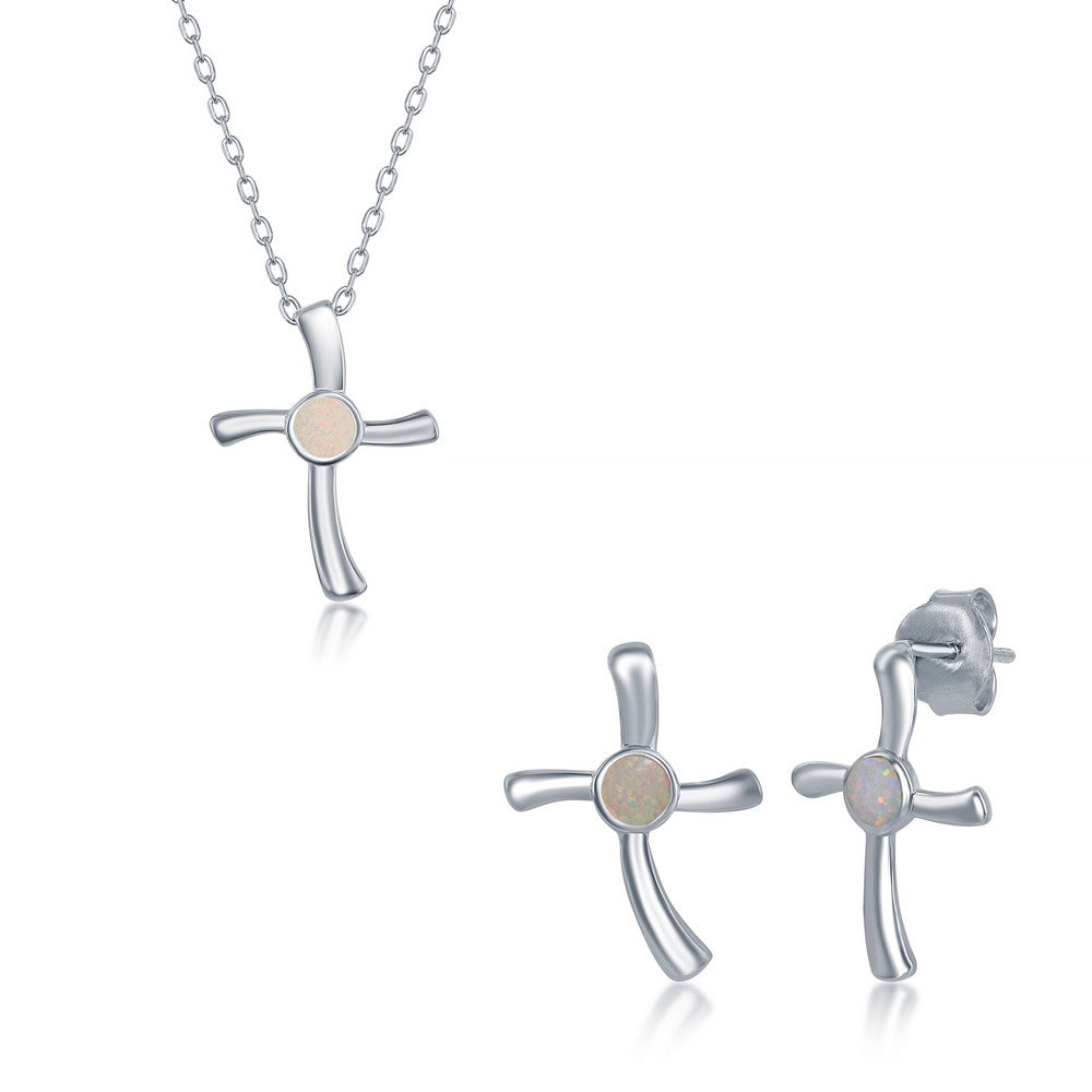Sterling Silver, White Inlay Opal Necklace and Earrings Set - Cross