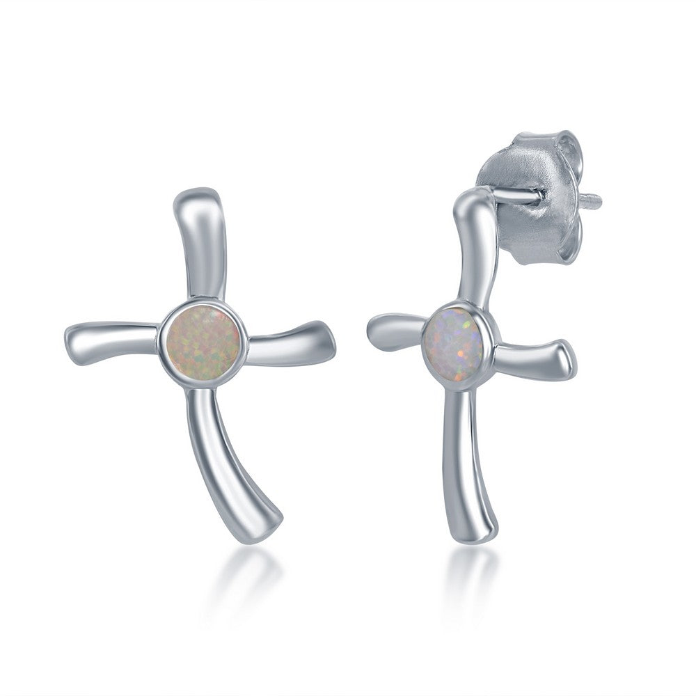 Sterling Silver, White Inlay Opal Necklace and Earrings Set - Cross