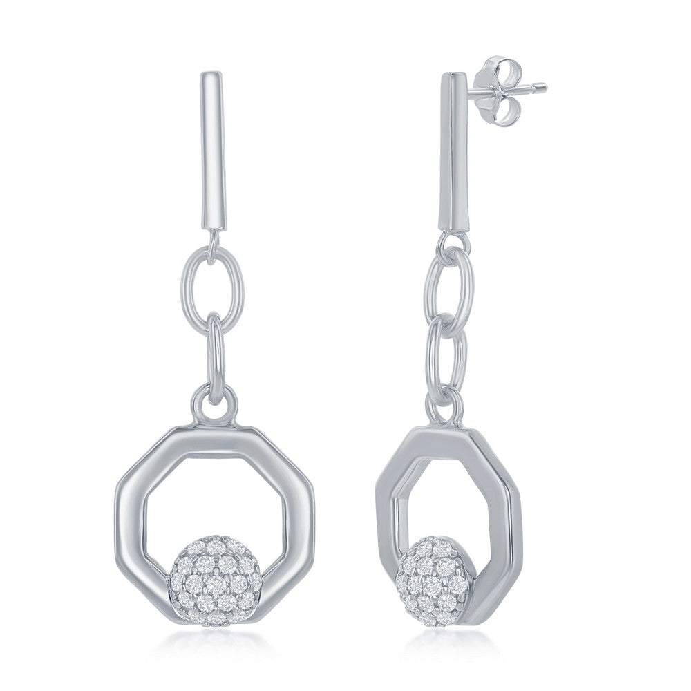 Sterling Silver Round Micro Pave CZ Open Hexagon Pendant & Earrings Set W/Chain