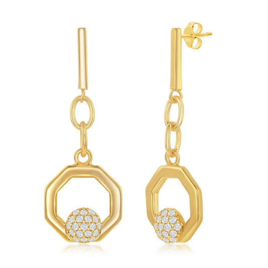 Sterling Silver Round Micro Pave CZ Open Hexagon Pendant & Earrings Set W/Chain - Gold Plated