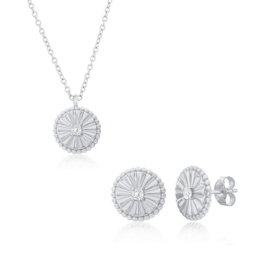 Sterling Silver, Beaded Round CZ Necklace & Earrings Set