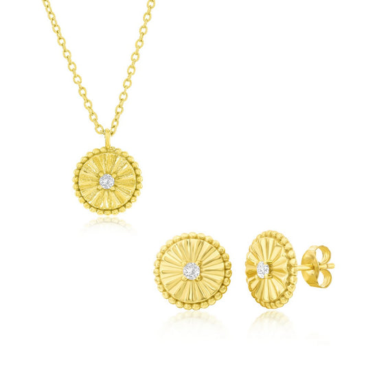 Sterling Silver, Beaded Round CZ Necklace & Earrings Set - Gold Plated