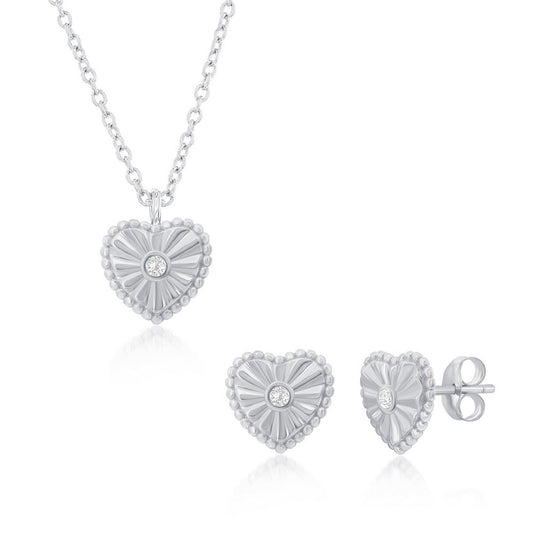 Sterling Silver, Beaded Heart CZ Necklace & Earrings Set