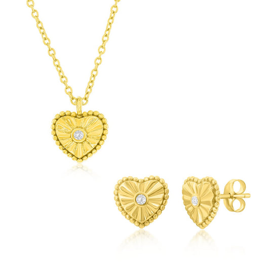 Sterling Silver, Beaded Heart CZ Necklace & Earrings Set - Gold Plated