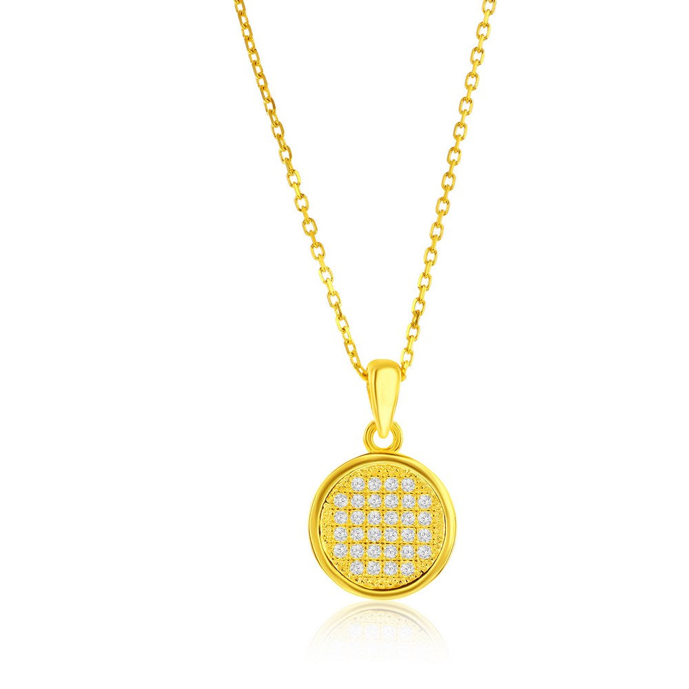 Sterling Silver, Round Pave CZ Necklace & Earrings Set - Gold Plated