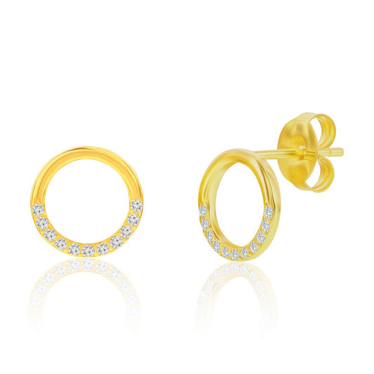 Sterling Silver, Polished & CZ Circle Necklace & Earrings Set - Gold Plated