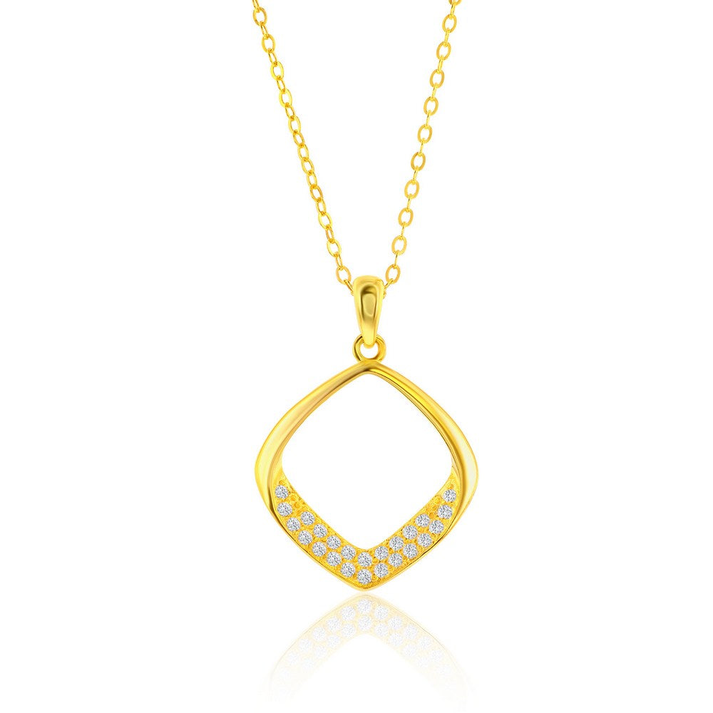 Sterling Silver, Pave CZ Diamond-Shaped Necklace & Earrings Set - Gold Plated featuring a shimmering pendant
