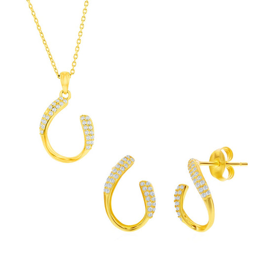 Sterling Silver, Curved Oval-Shaped CZ Necklace & Earrings Set - Gold Plated