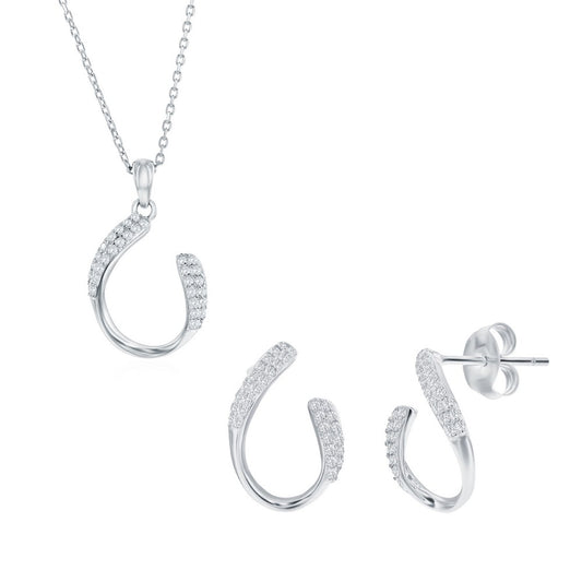 Sterling Silver, Curved Oval-Shaped CZ Necklace & Earrings Set