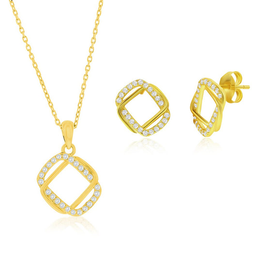 Sterling Silver, Intertwined CZ Necklace & Earrings Set - Gold Plated