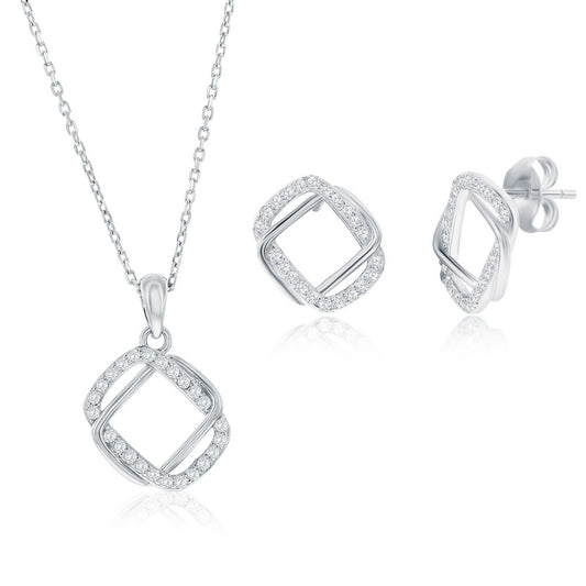 Sterling Silver, Intertwined CZ Necklace & Earrings Set
