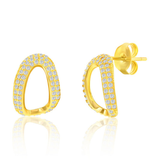 Sterling Silver, Pave CZ Oval-Shaped Necklace & Earrings Set - Gold Plated