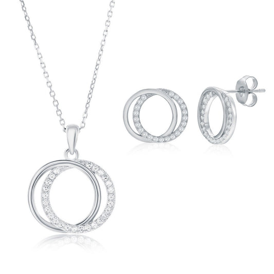 Sterling Silver, Interlocking Circle CZ Necklace & Earrings Set