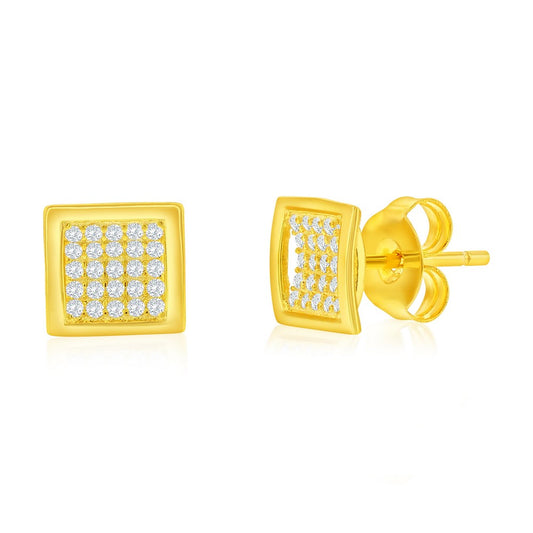 Sterling Silver, Square Pave CZ Necklace & Earrings Set - Gold Plated