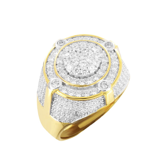 Mens sterling silver halo ring with a sparkling diamond-encrusted design and gold accents