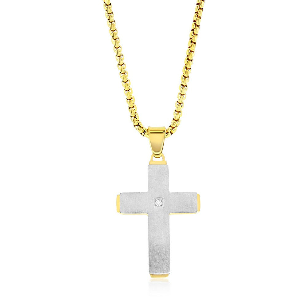 Stainless Steel Silver & Gold Single CZ Cross Necklace