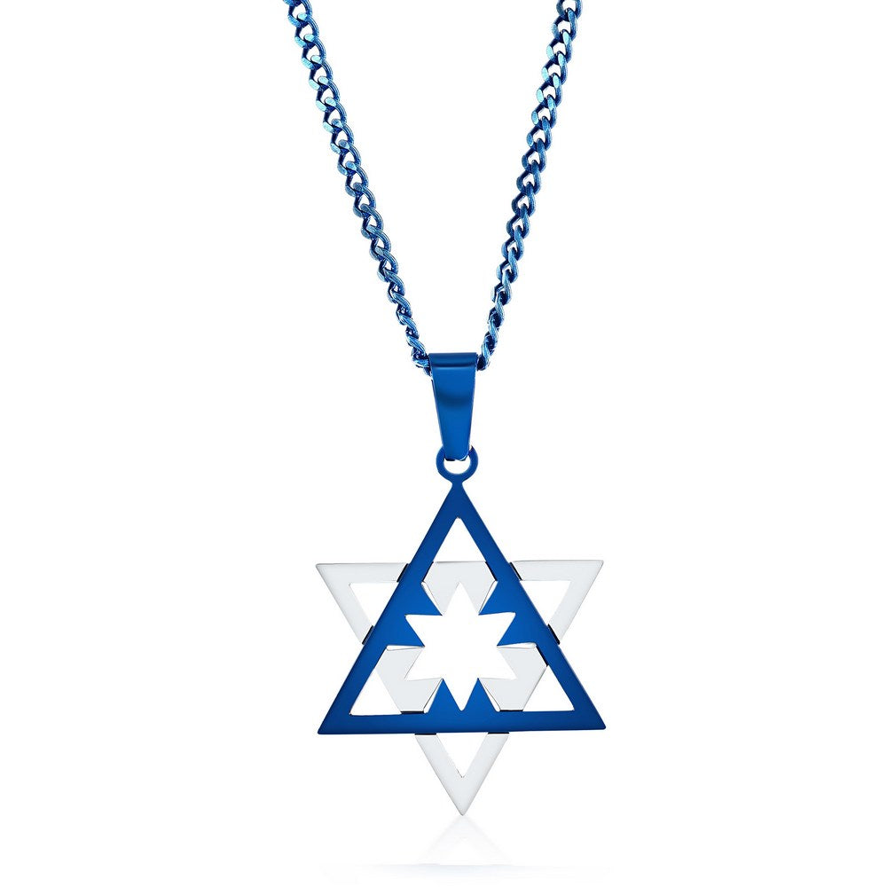 Stainless Steel Polished Star of David Necklace - Blue & Silver