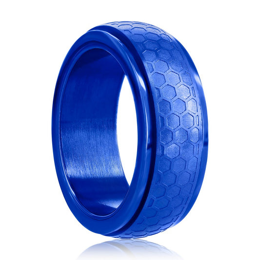 Stainless Steel Honey Comb Design Spinner Ring - Blue Plated