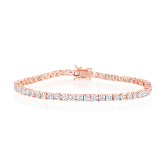 Sterling Silver, 3mm Prong-Set Round CZ Tennis Bracelet - Rose Gold Plated