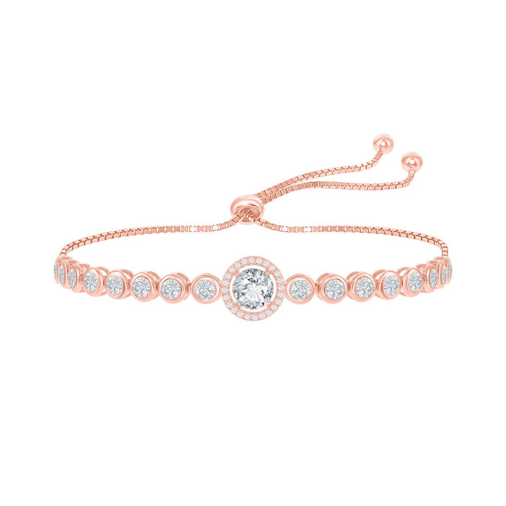 Sterling Silver, Round CZ Halo Bezel-Set CZ Adjustable Bolo Bracelet - Rose Gold Plated