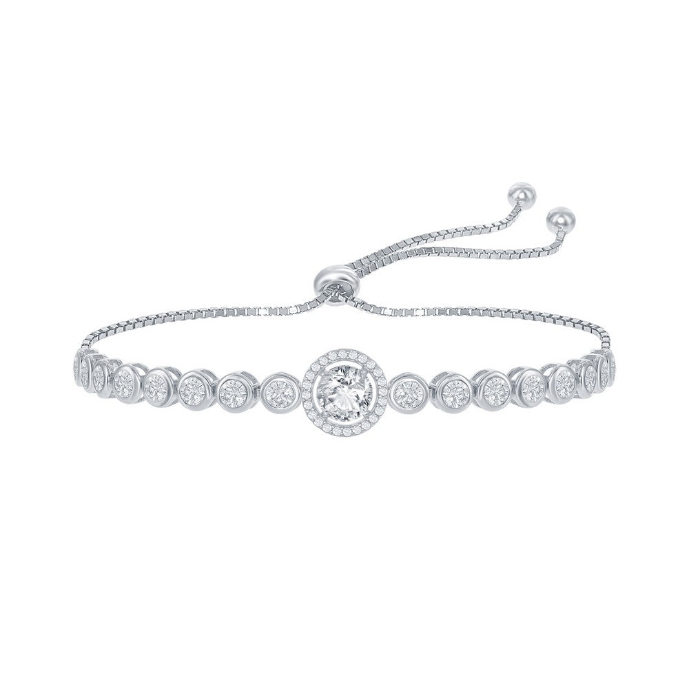Sterling Silver, Round CZ Halo Bezel-Set CZ Adjustable Bolo Bracelet