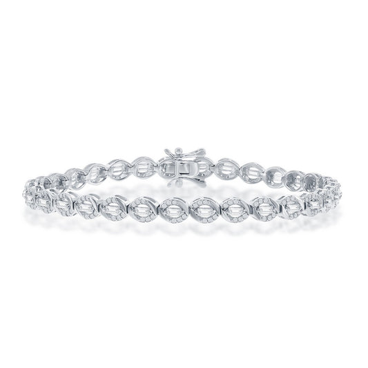 Sterling Silver, Baguette CZ 5mm Oval Tennis Bracelet