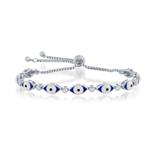 Sterling Silver, Blue Enamel Evil Eye w/CZ Adjustable Bolo Bracelet