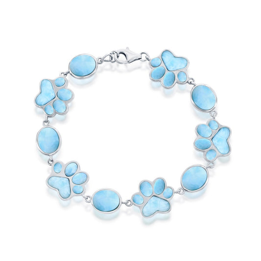Sterling Silver, Alternating Oval & Paw Print Larimar Bracelet