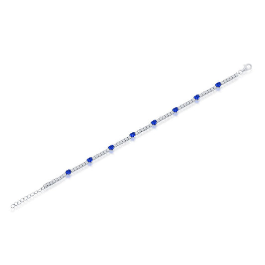 Sterling Silver, Heart and CZ Tennis Bracelet - Sapphire CZ