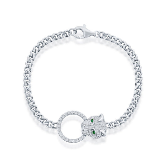 Sterling Silver, CZ Emerald Eyes Panther, Circle CZ Bracelet