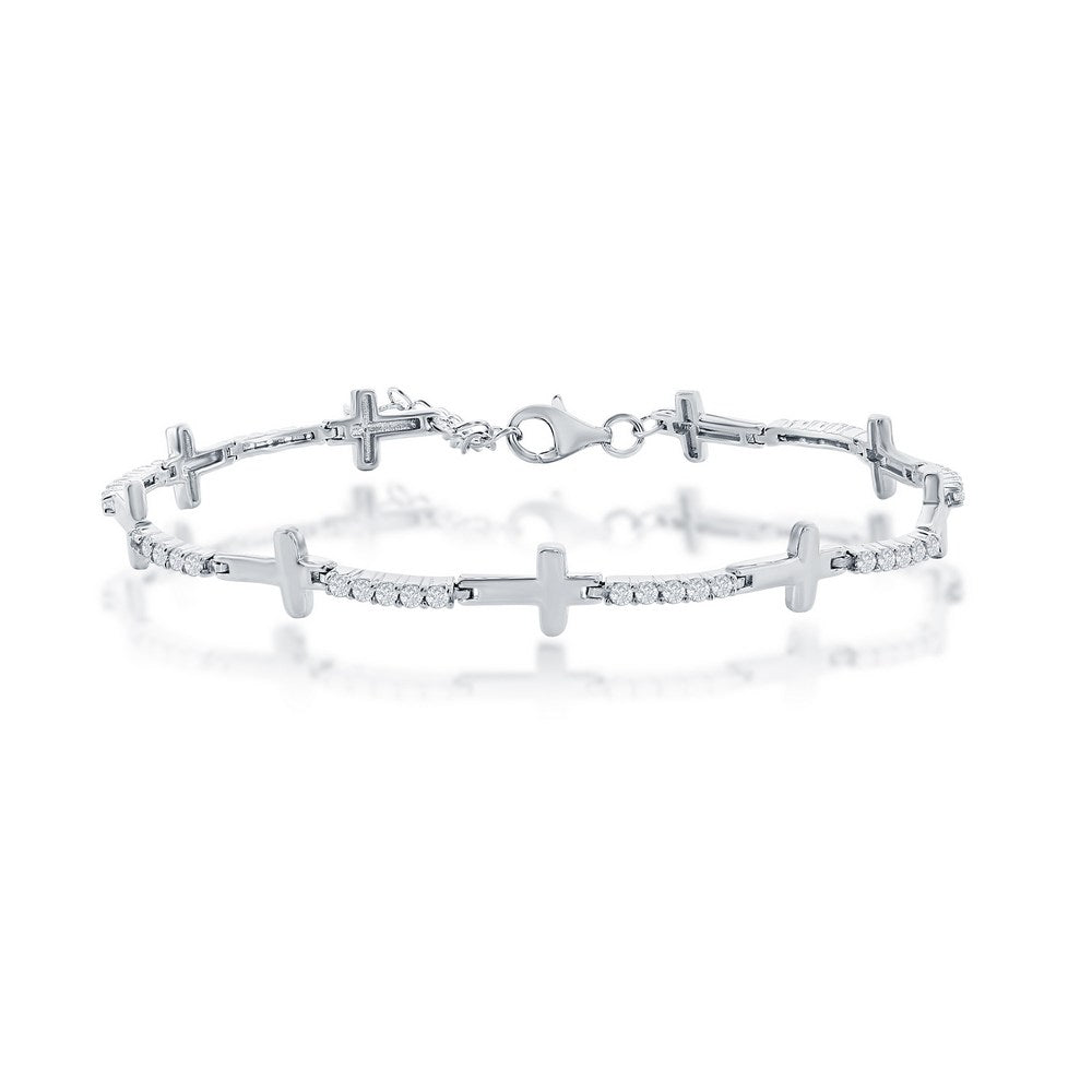 Sterling Silver, Sideways Cross & CZ Bracelet