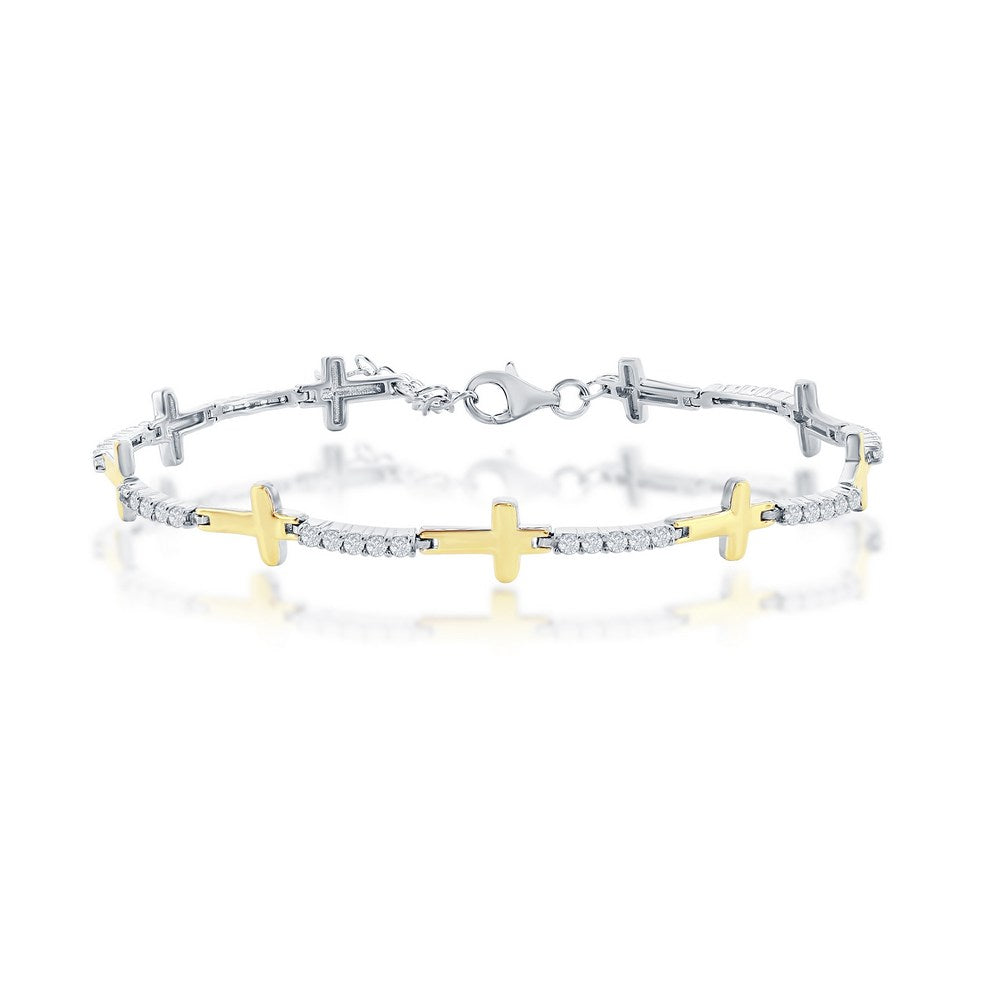 Sterling Silver, Sideways Cross & CZ Bracelet - Gold Plated