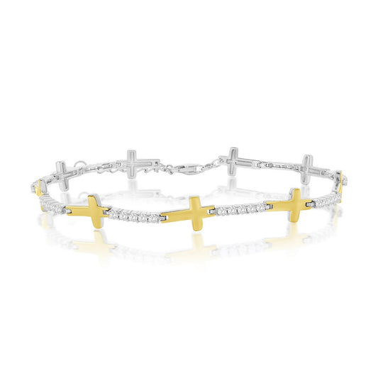 Sterling Silver, Sideways Cross & CZ Bracelet - Gold Plated