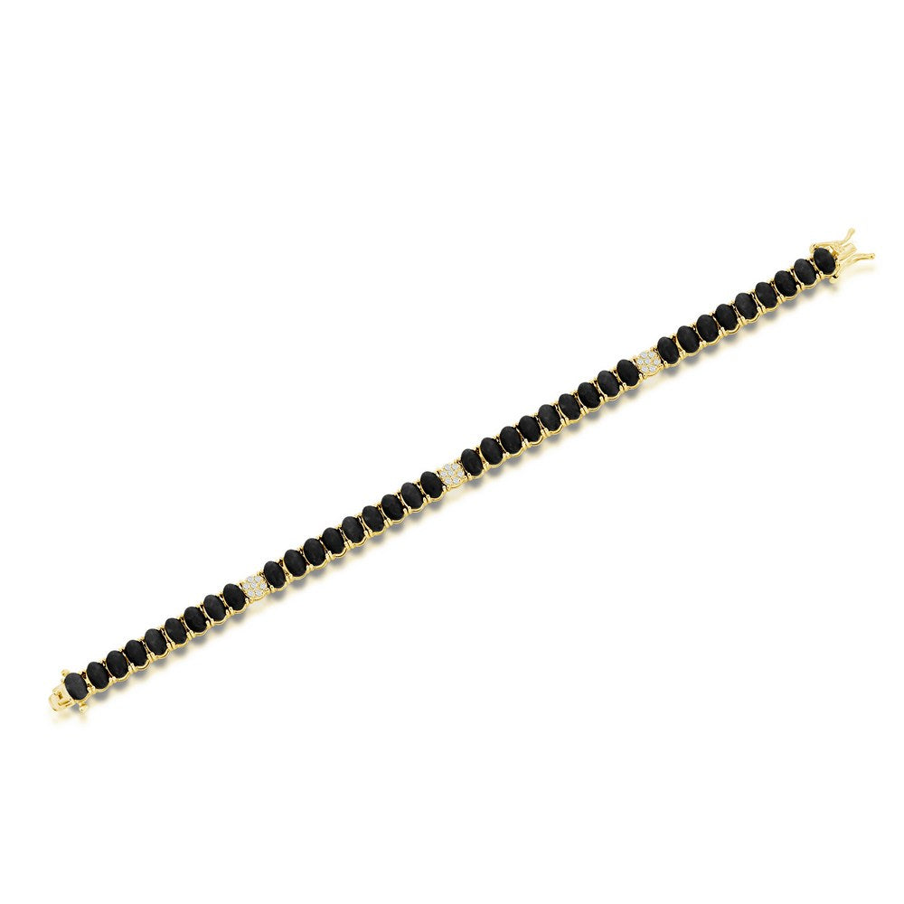 Sterling Silver, Oval Onyx & CZ Tennis Bracelet - Gold Plated