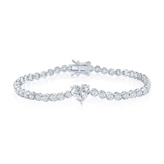 Sterling Silver, Heart & Round CZ Tennis Bracelet