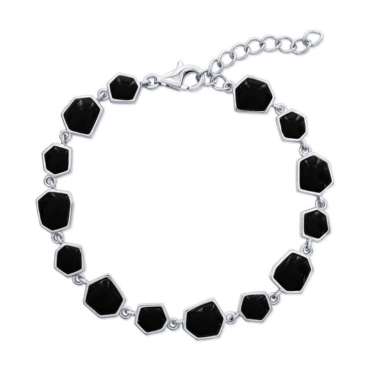 Sterling Silver, Irregular Shaped Link Bracelet - Onyx