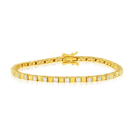 Sterling Silver, Alternating CZ & Pyramid Style Bracelet - Gold Plated