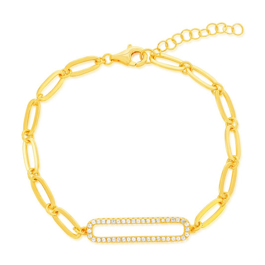 Sterling Silver, CZ Paperclip Link Bracelet - Gold Plated