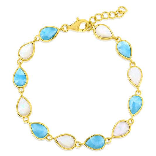 Sterling Silver, Alternating MOP & Larimar Pearshaped Bracelet - Gold Plated