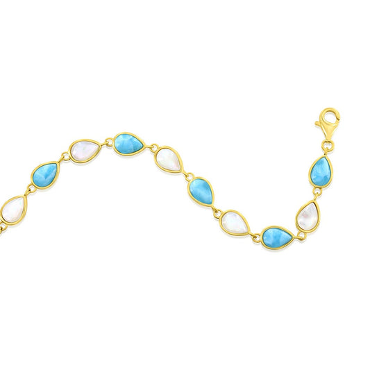 Sterling Silver, Alternating MOP & Larimar Pearshaped Bracelet - Gold Plated