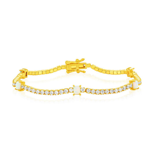 Sterling Silver, 4-Prong Rectangle Opal & CZ Bracelet - Gold Plated