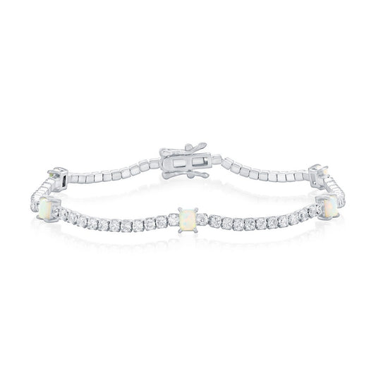 Sterling Silver, 4-Prong Rectangle Opal & CZ Bracelet