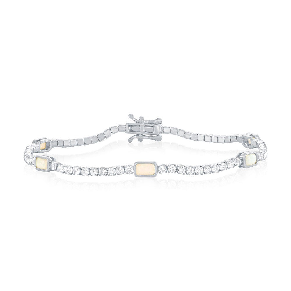 Sterling Silver, Rectangle Opal & CZ Bracelet